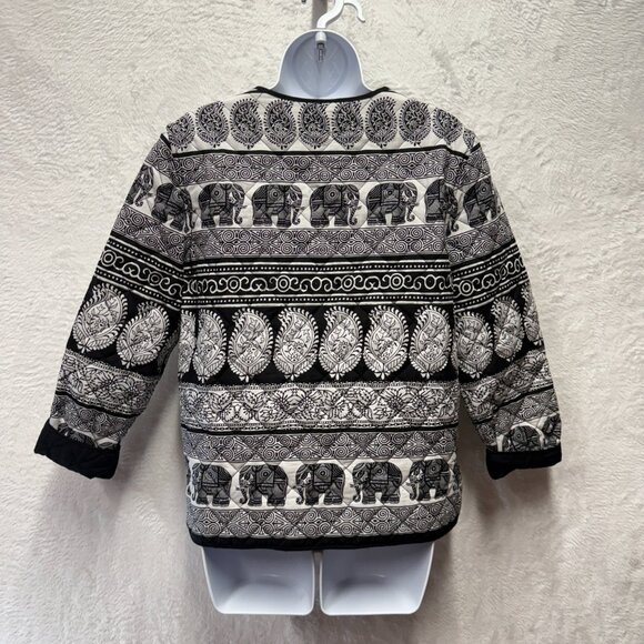 Ruby Rd. Quilted Jacket Womens 8 Black White Elephant Boho Paisley Print Cotton - Picture 4 of 12